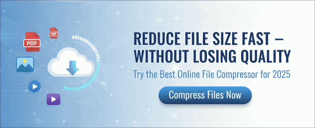 Professional banner showing file compression icons and cloud storage visuals with the text “Reduce File Size Fast — Without Losing Quality.” Promotes NSM Graphic’s Best Online File Compressor 2025.