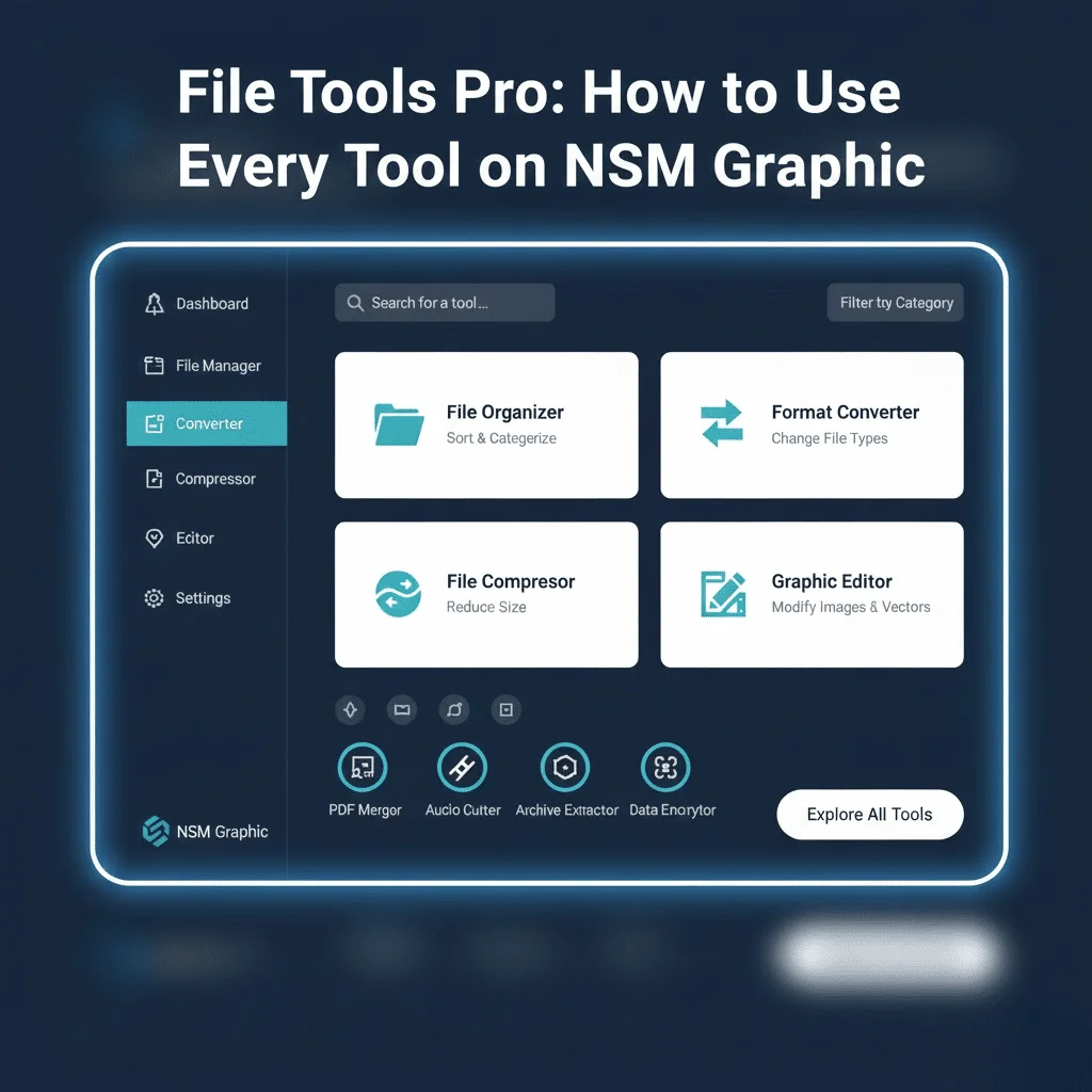 Dashboard view of File Tools Pro on NSM Graphic showing rename, compress and watermark tools.