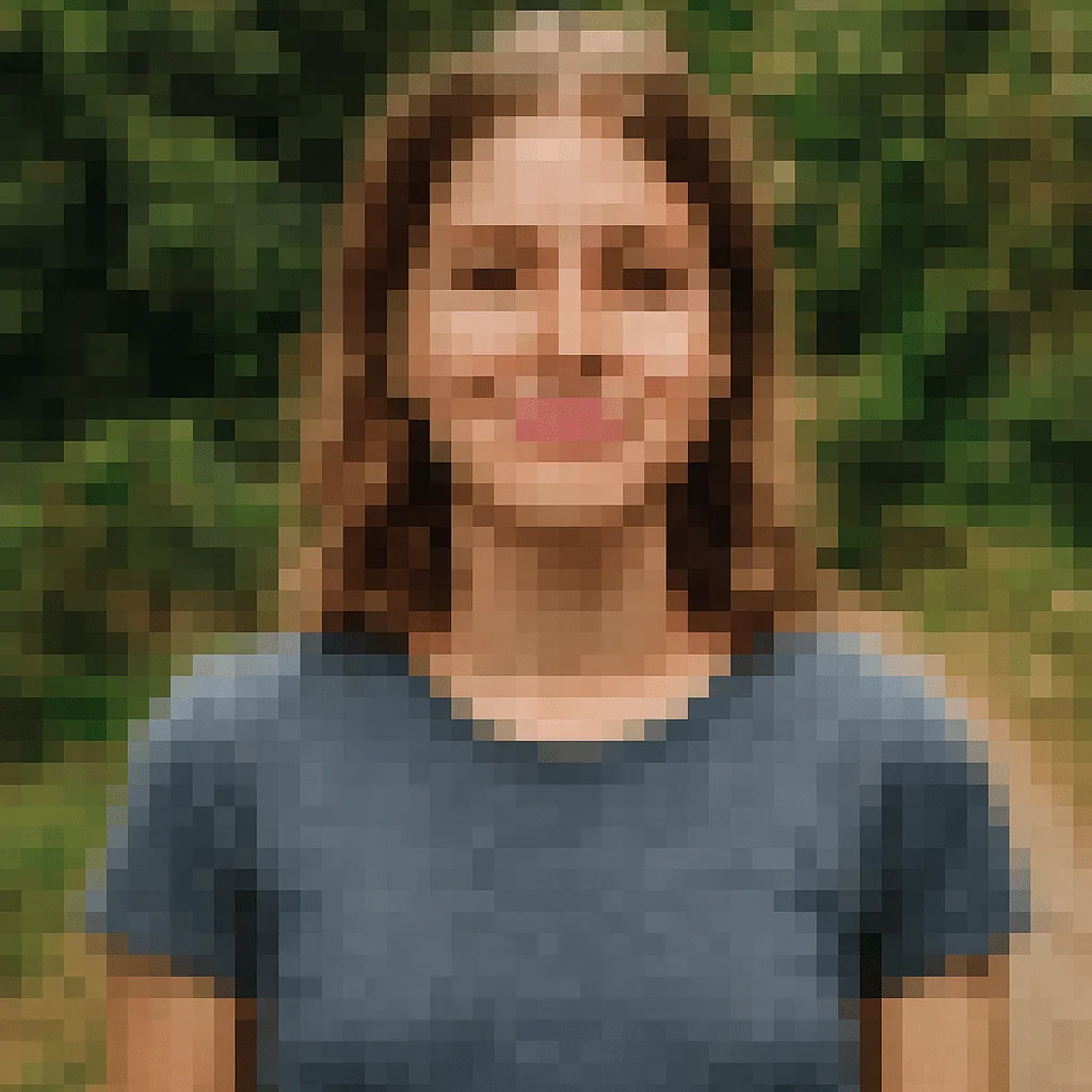 Photo transformed into pixel art, showing a retro digital block-style version of the original image.