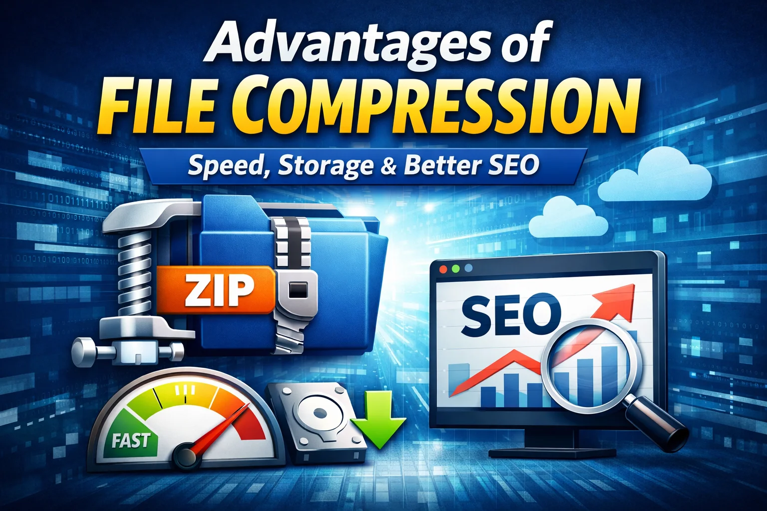 Thumbnail showing advantages of file compression with icons for speed, storage, and SEO.