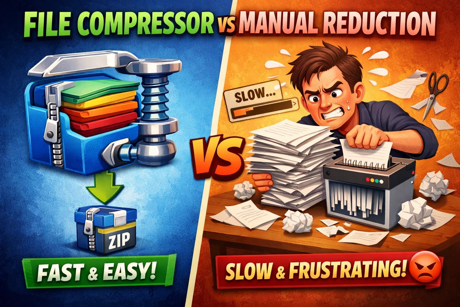 Comparison between manual file reduction and a file compressor showing smaller file size with better quality using compression software