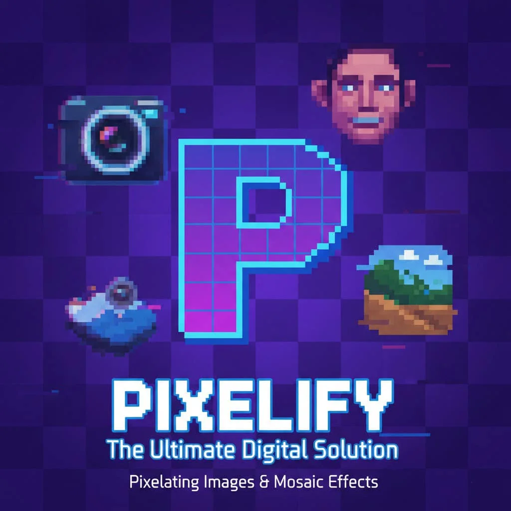 Pixelify tool interface showing before and after pixelated image with mosaic effect preview on computer screen.