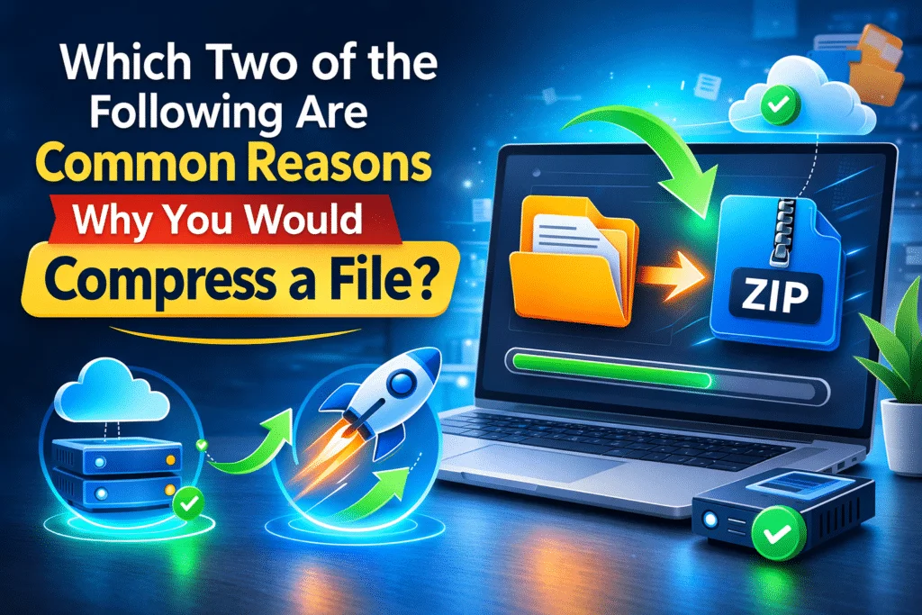 Illustration of a large file compressing into a ZIP file on a laptop with icons representing more storage space and faster file uploads.