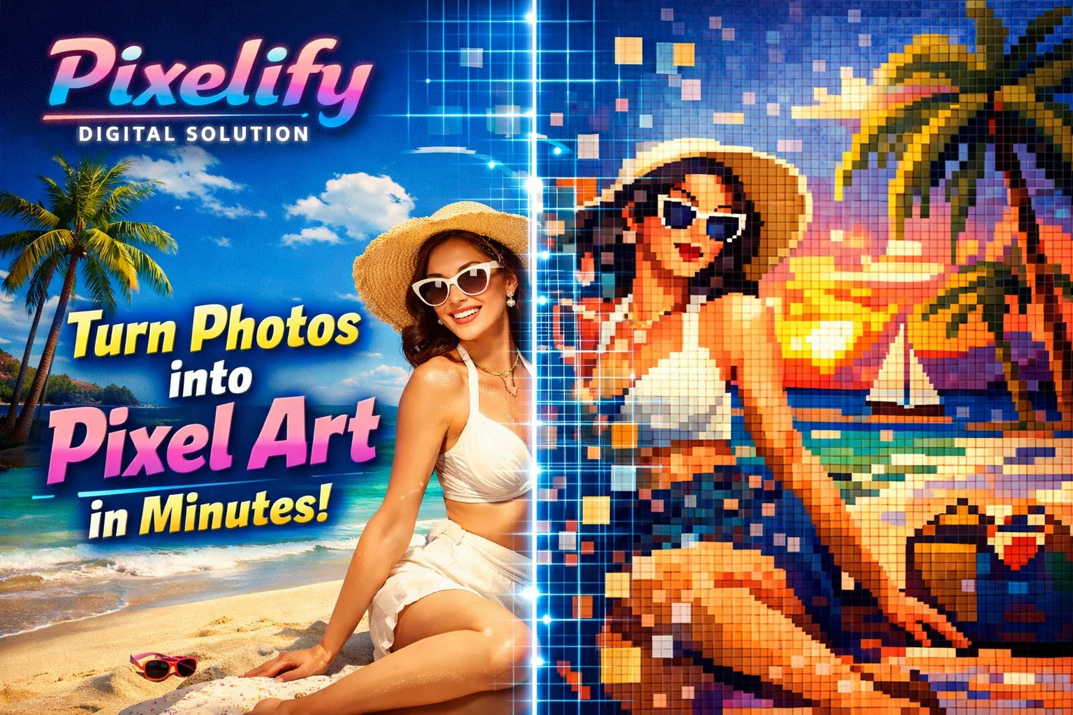 Beach photo transformed into pixel art using Pixelify Digital Solution with split screen before and after effect